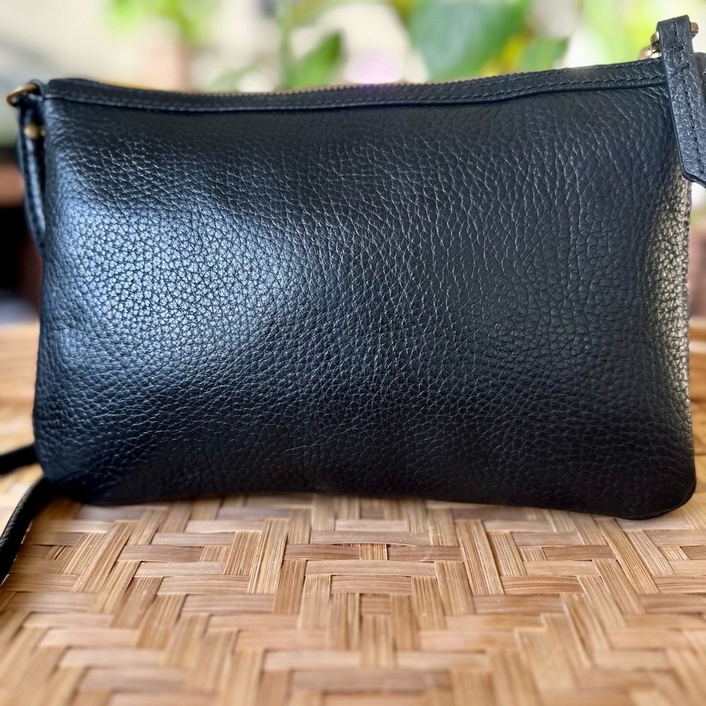 Fossil Black Pebbled Leather Crossbody Bag Double Zip Purse Adjustable Strap - Picture 3 of 10